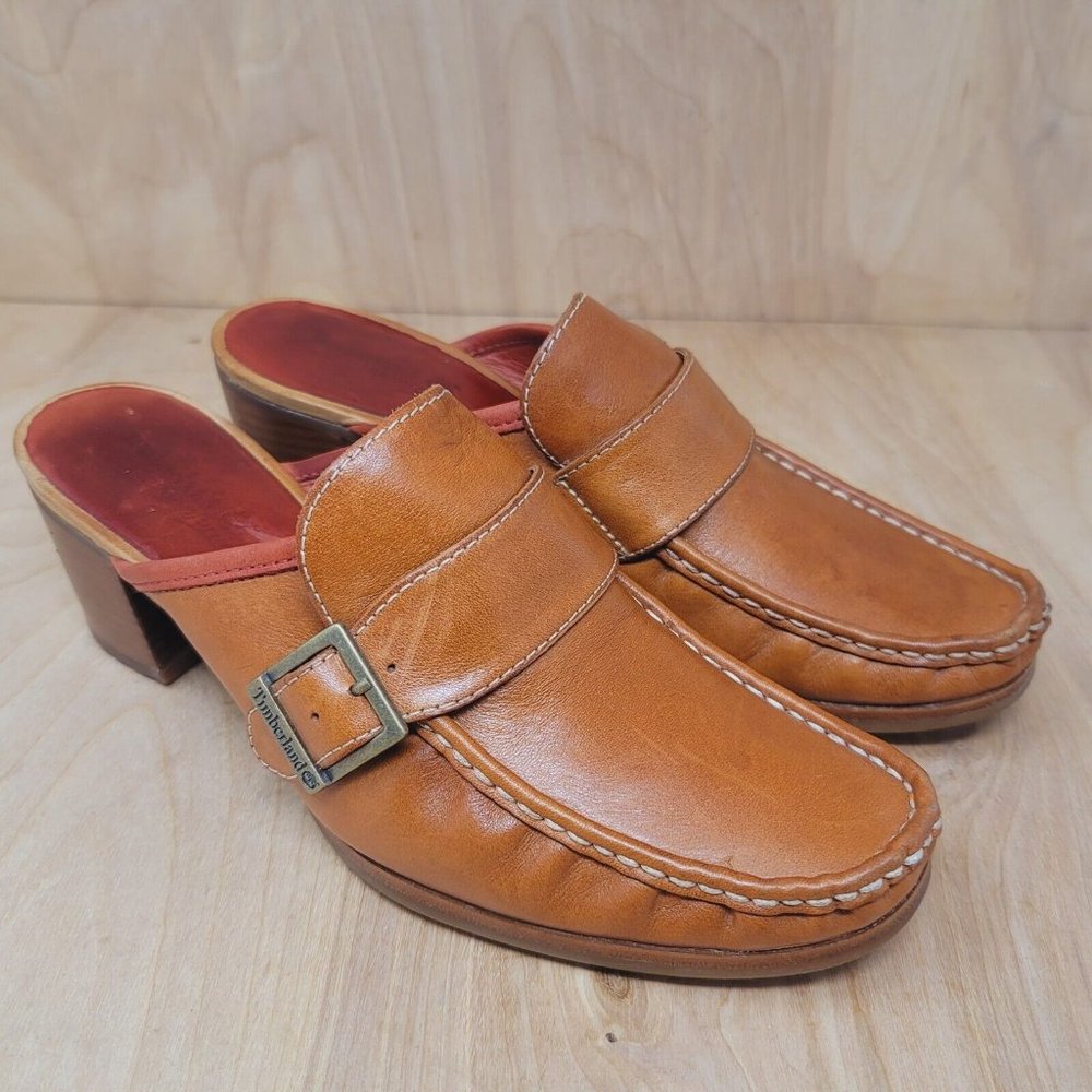 Timberland Womens Mules Sz 8.5 M Shoes Brown Leather‎ Casual Dress Heels